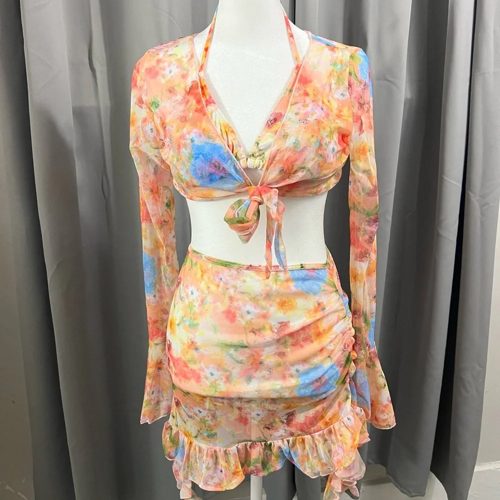 New 4 Piece Bikini Top Skirt Cover Up Tropical Pink Orange Yellow Cruise‎ Sz S